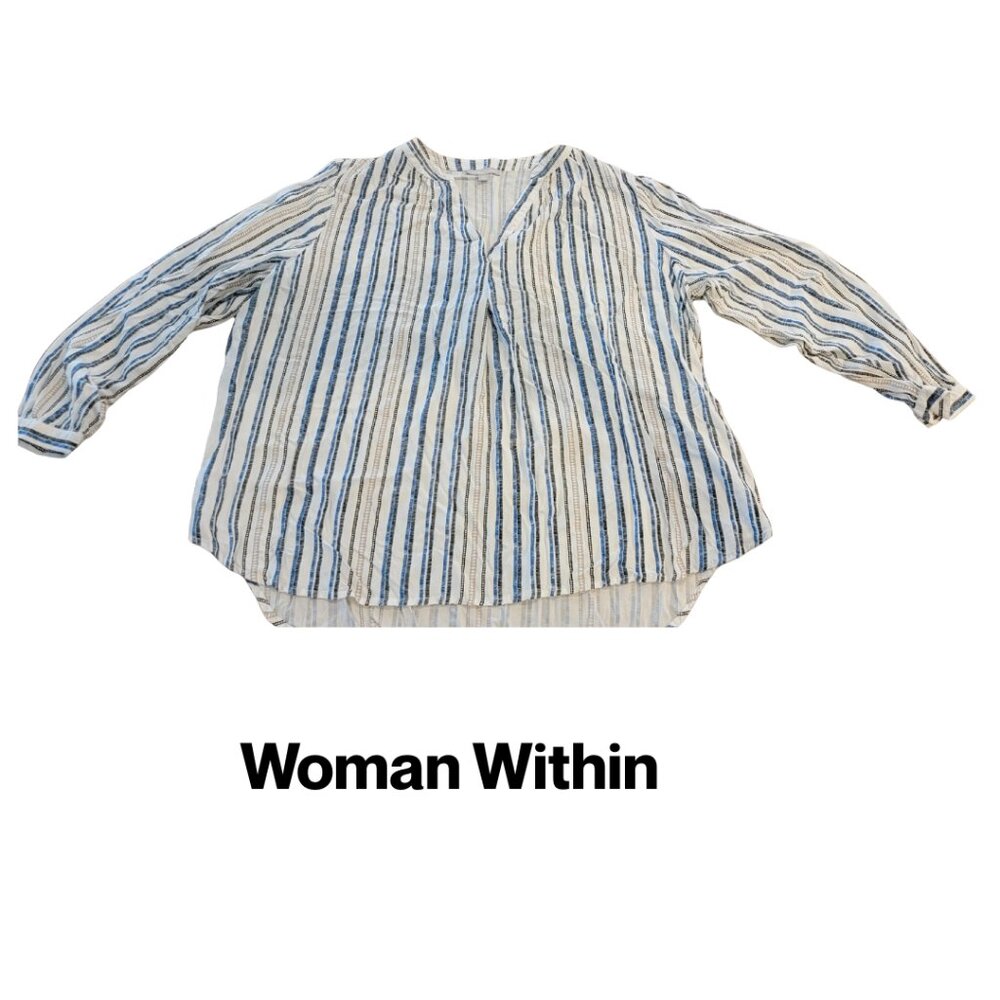 Woman Within striped V Neck blouse in a blue and white multi-color pattern.